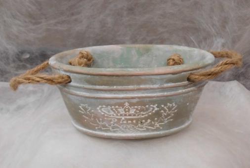 Schale aus Keramik, mit Henkel aus Juteband, oval 16cm lang, patina wash 